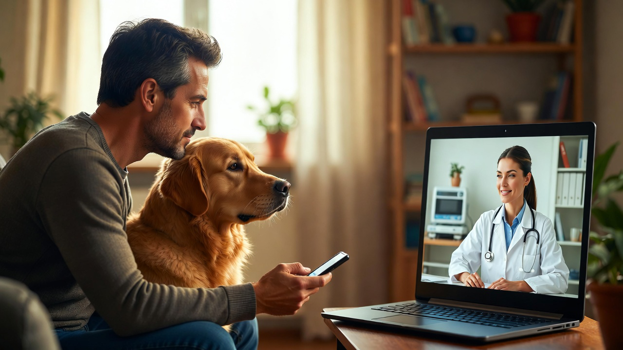 Pet owner and dog on video call with veterinarian